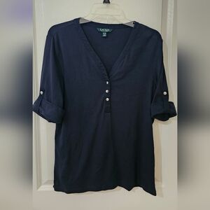 Ralph Lauren Dark Blue Cotton Blouse with Button Accents